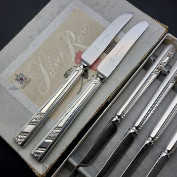 Viners Silver Rose Set Of 6 Dessert Knives Original Box Plated Vintage (#99727) 1