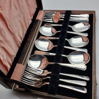 Cased Vintage Pudding Spoons & Forks Set - Silver Plated Epns 1930 Design (#99746) 1