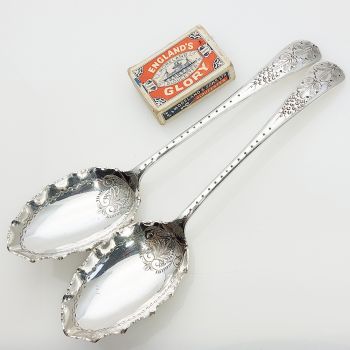 Antique Pair Of Ornate Serving Spoons Silver Plated Bright Cut (#99759) 1