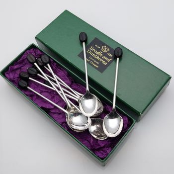 Set Of 10 Silver Plated Coffee Bean Spoons Epns - Boxed - Vintage (#99773) 1