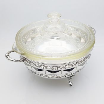 Gleaming Silver Plated Casserole Dish Stand With Pyrex Glass Bowl Vintage (#99796) 1