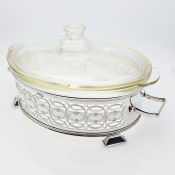 Art Deco Casserole Dish Stand With Pyrex Glass Bowl Silver Plated (#99797) 1