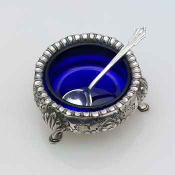 Ornate Martin Hall Silver Plated Open Salt Pot With Spoon Victorian Antique (#99885) 1