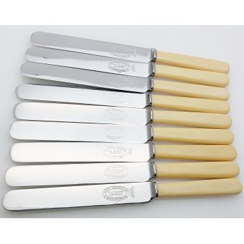Faux Bone Handled Set Of 9 Palette Dinner Knives Vintage Steel (#99901) 1