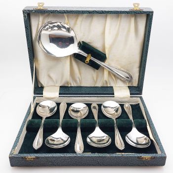 Cased Silver Plated Pudding Spoons And Server Set Vintage (#99966) 1