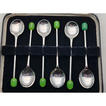 Vintage Silver Plated Green Coffee Bean Spoons Cased Epns (#99995) 1